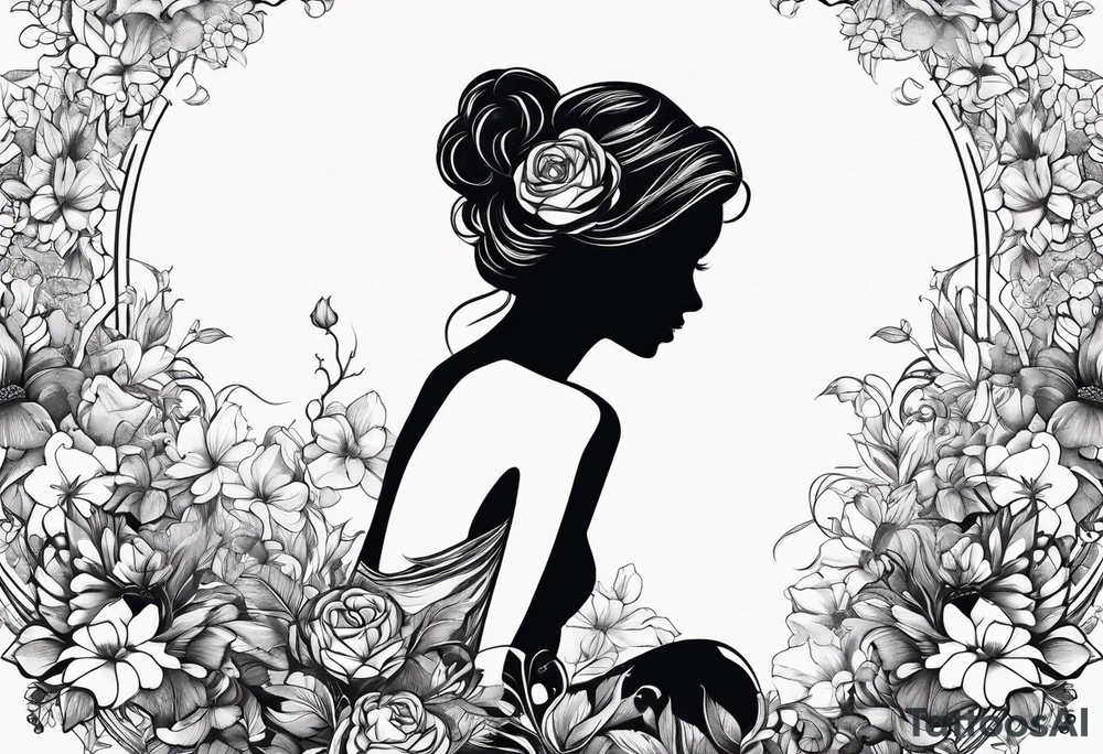 silhouette of a girl with a head of flowers , kneeling tattoo idea