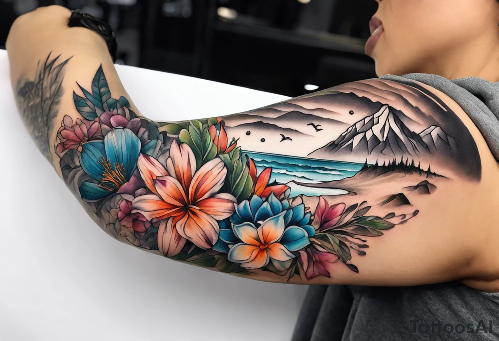 hand sleeve tatto flower beach mountain tattoo idea