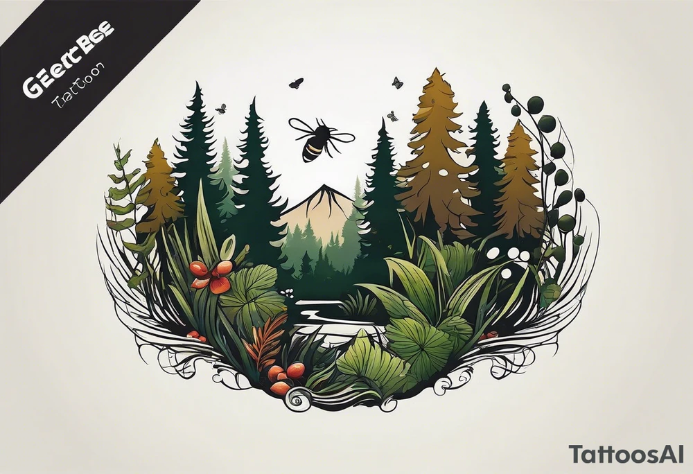 forest floor inspired minimalist tattoo, which includes grass, curly ferns, moss and dead leaves as the bulk of the tattoo. details to include: forest berries, a tiny bumblebee flying nearby, three small brown mushrooms
Generate a vertically long one tattoo idea