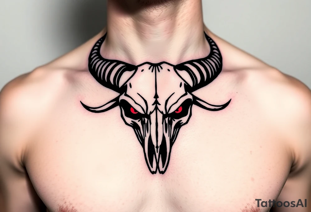 Evil Abstract looking taurus skull chest tattoo with red eyes tattoo idea