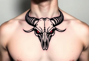 Evil Abstract looking taurus skull chest tattoo with red eyes tattoo idea