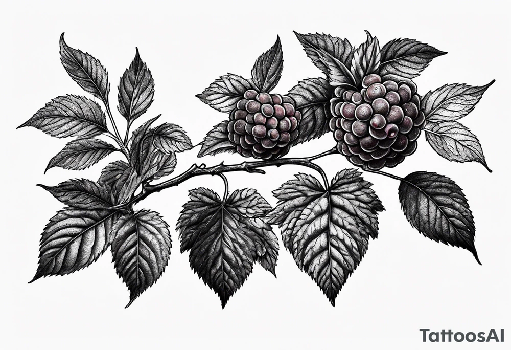 a long raspberry branch with lots of leaves and no shading tattoo idea