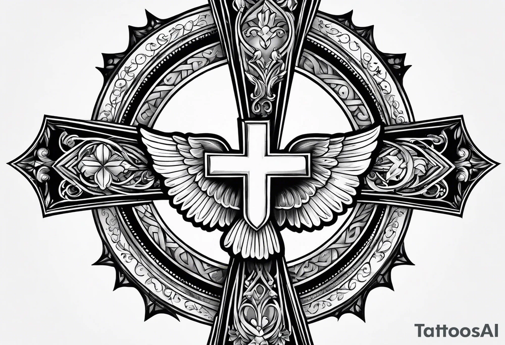 catholic cross with prayer hands and dove tattoo idea