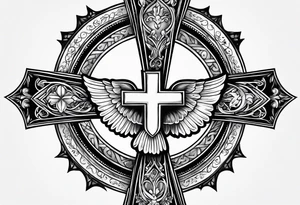 catholic cross with prayer hands and dove tattoo idea