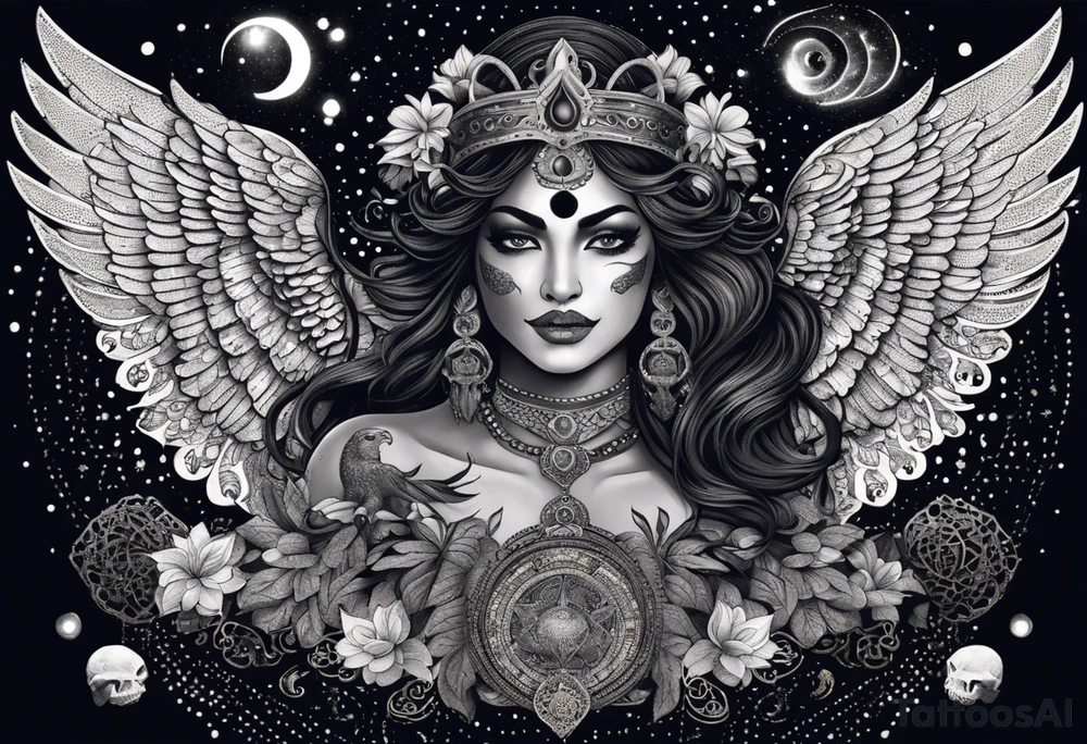 black kali, goddess pirate, alien, angel, pachamama, valkrye, warrior, flying, skull, lotus azul, wing, eagle, zenza resonance, stars, 5D, anahata chakra, death, durga, riding on a tiger, flying lady, kundalini, chest tatoo, samuri, rebel,s erpent tattoo idea