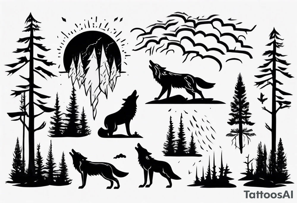 a thunderstorm over a forest and a wolf howling tattoo idea a thunderstorm over a forest and a wolf howling tattoo idea