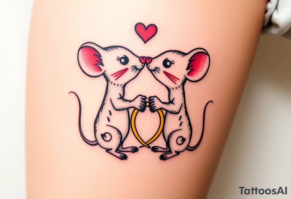 Two kissing mice holding two wedding rings tattoo idea