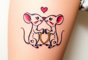 Two kissing mice holding two wedding rings tattoo idea