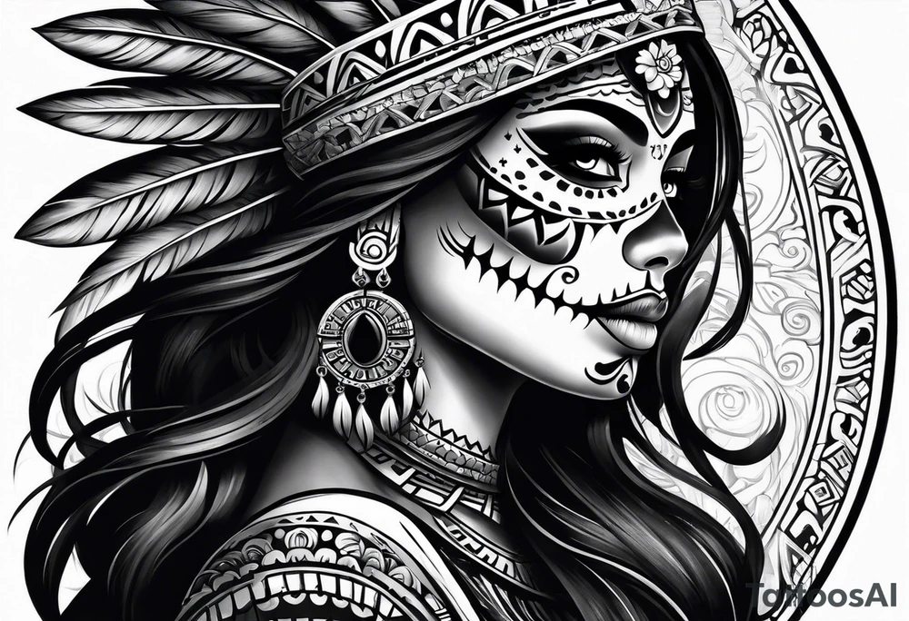 Aztec princess side profile day of the dead tattoo idea
