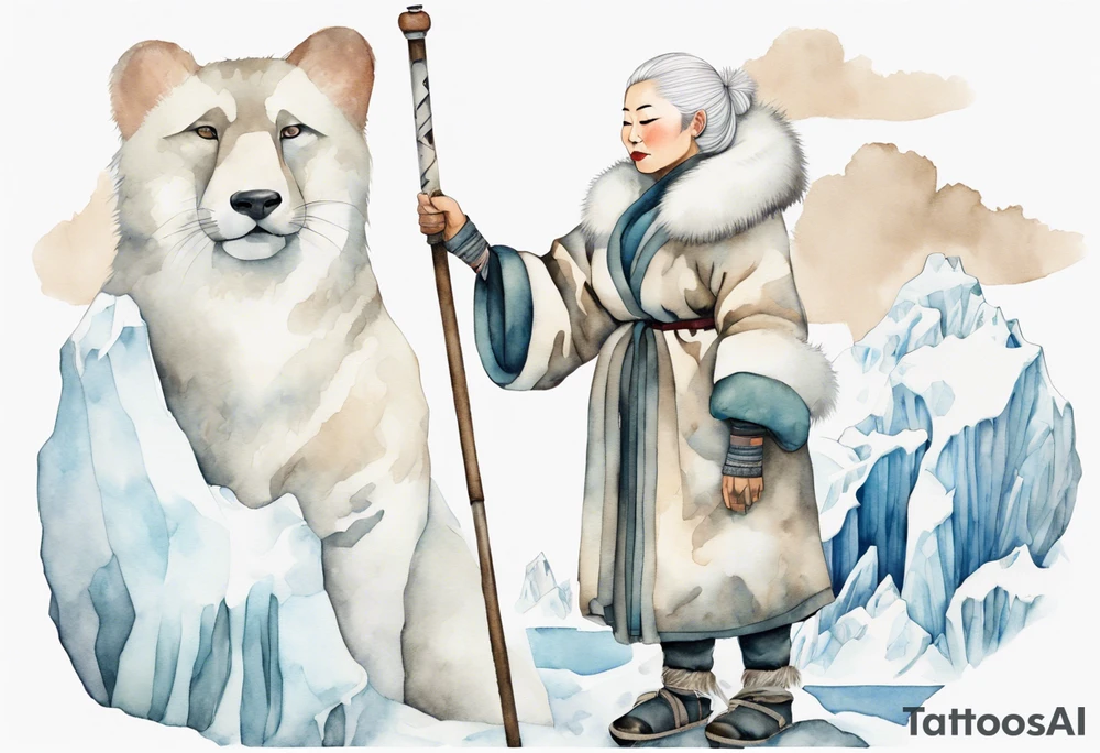 a middle aged Inuit woman with white hair, wearing fur mittens, holding a white staff, wearing mukluks, standing on an iceberg tattoo idea