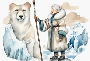 a middle aged Inuit woman with white hair, wearing fur mittens, holding a white staff, wearing mukluks, standing on an iceberg tattoo idea