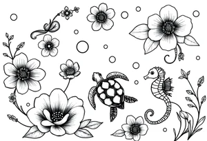 Underwater Flowers, shells, turtle, seahorse,  bubbles, jellyfish, feminine tattoo idea