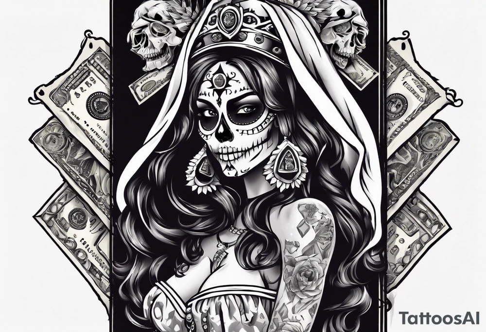 santa la muerta with money and crown
on the card tattoo idea