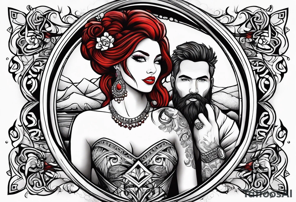 Busty red haired woman with a bearded man who has black hair getting married tattoo idea