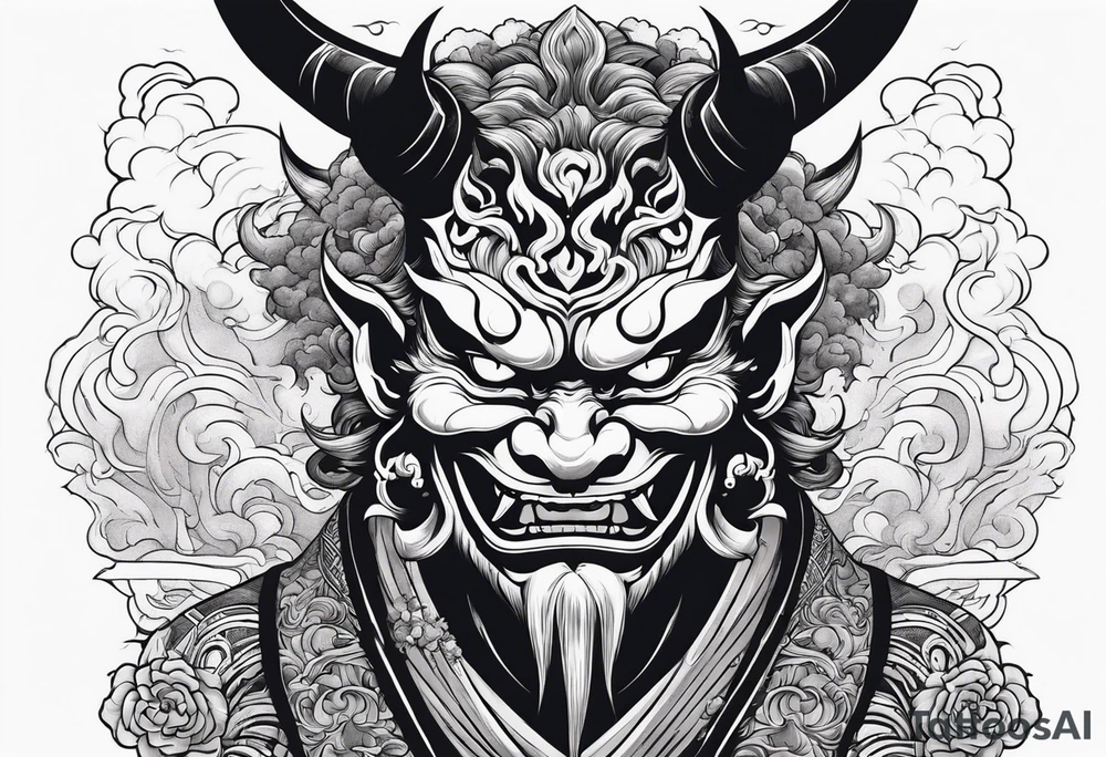 oni japanese devil with smoke around and japanese houses tattoo idea