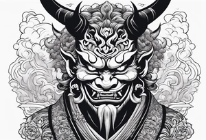 oni japanese devil with smoke around and japanese houses tattoo idea