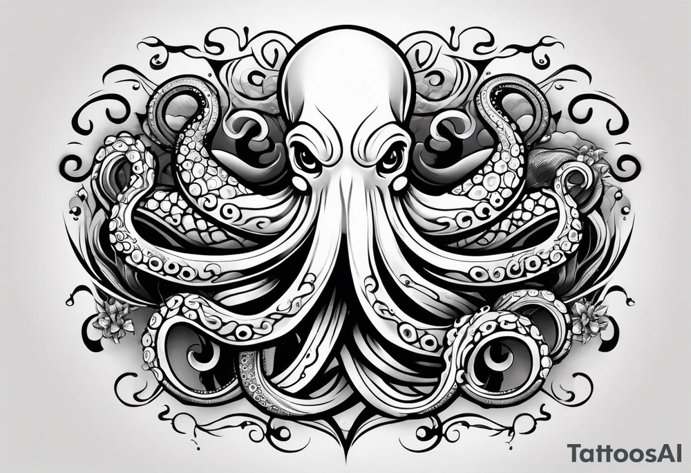 Tribal half sleeve. octopus surrounded by ribbons of water waves filled with fish. the octopus has no eyes. Use thick lines only with less detail. tattoo idea