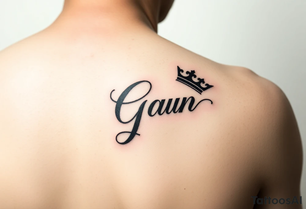 Capital G in handwritten script with a crown tilted to the left on the front right shoulder tattoo idea