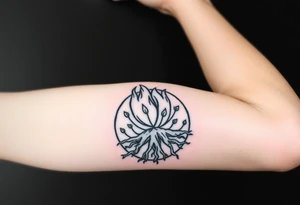 flame in a roots circle, with little sprouts on the outer circle tattoo idea
