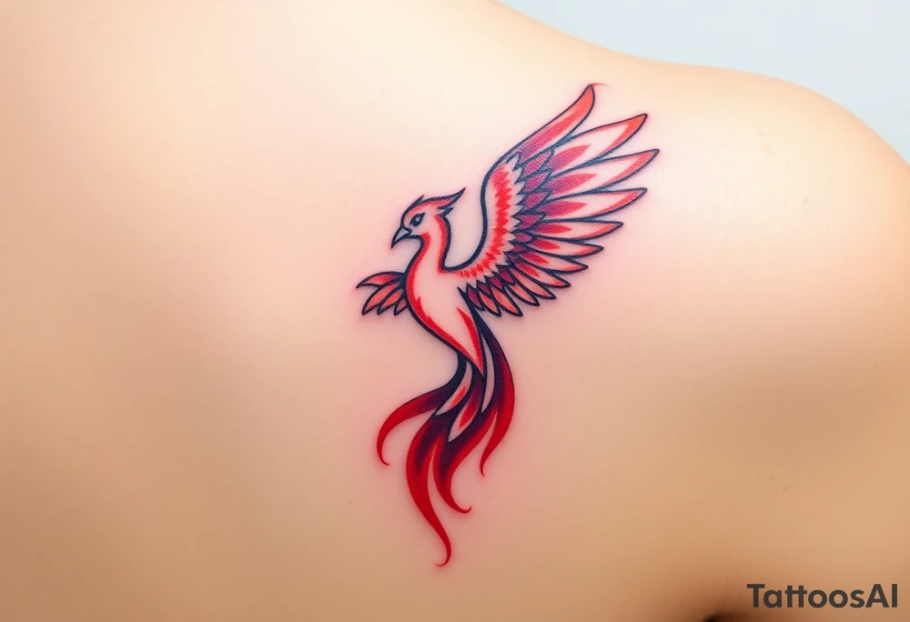 Square, phoenix rising from fire with both wings opened, colors red, pink, orange and purple. tattoo idea