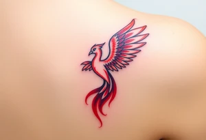 Square, phoenix rising from fire with both wings opened, colors red, pink, orange and purple. tattoo idea
