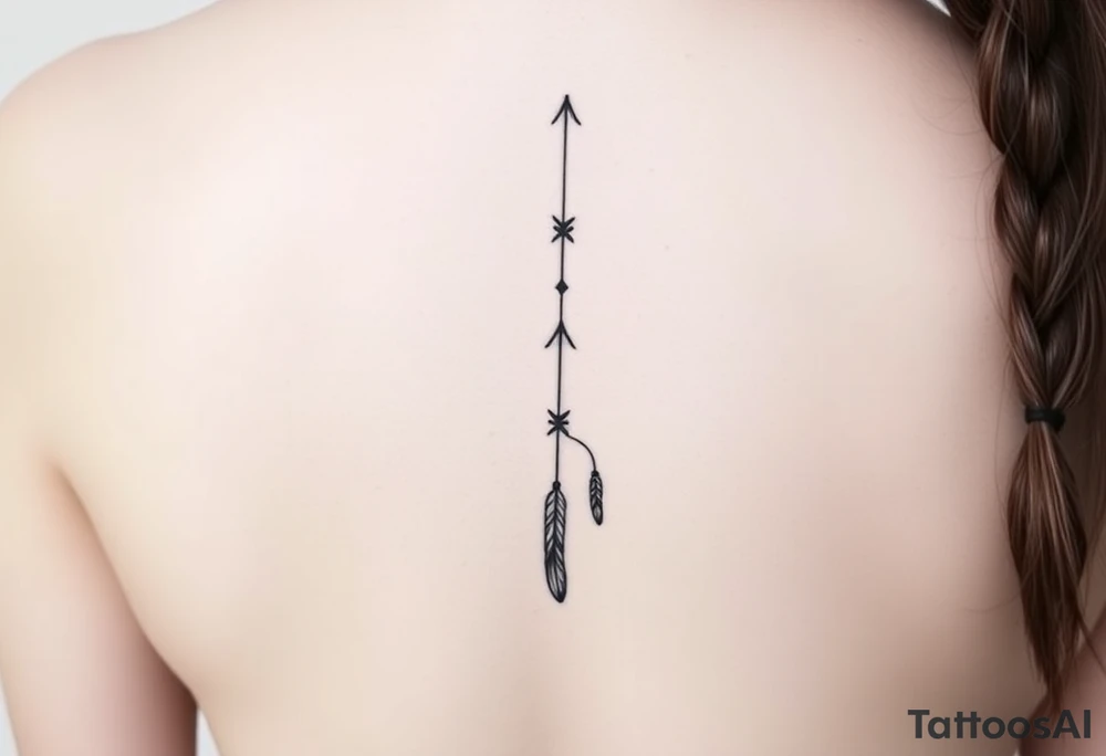 Thin spinal tattoo following down the spine in a native ornament style with 3 vertical different lengths flowing lines made of a discreet connection of morse code ".--- .- --.     .-.. ... -.- .- .-.   -.. .. --.     .-.. .. .-.. .-.. . -... .-. --- .-. forming 3 arrow shapes connected to 3 flowing feathers hanging from the end of the morse code lines tattoo idea