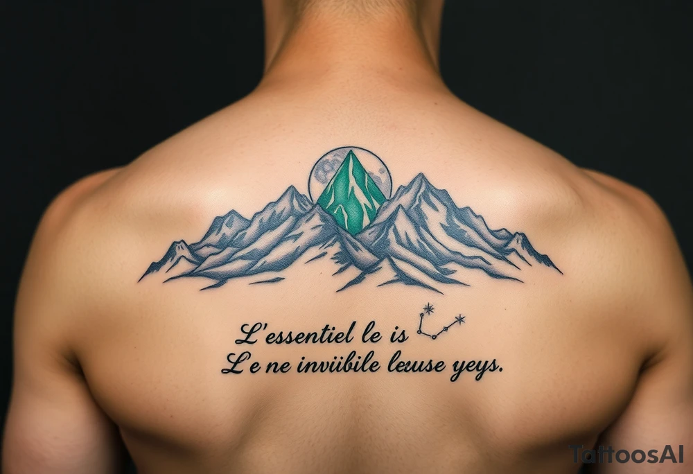 4 mountains. One mountain made of blue sapphire. One mountain of green emerald. One mountain made of red ruby. One mountain made of white pearl. Night time with moon and stars. Some stars spell out "L'essentiel est invisible pour les yeux" as a constellation tattoo idea