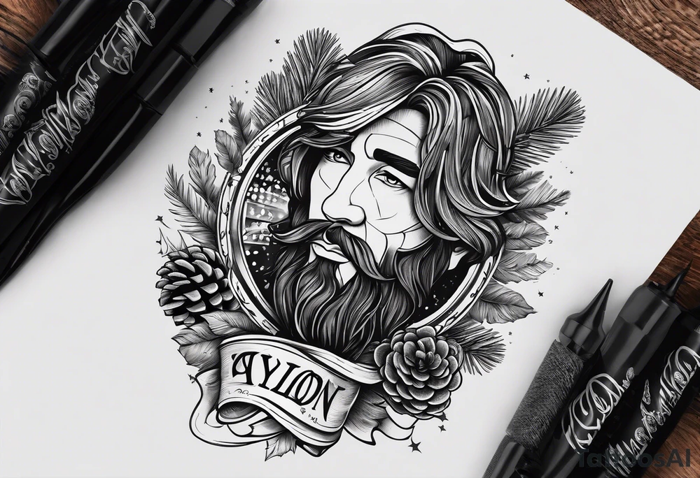 the name Waylon with the date 9/15/23 underneath with pinecones and trees in the background tattoo idea