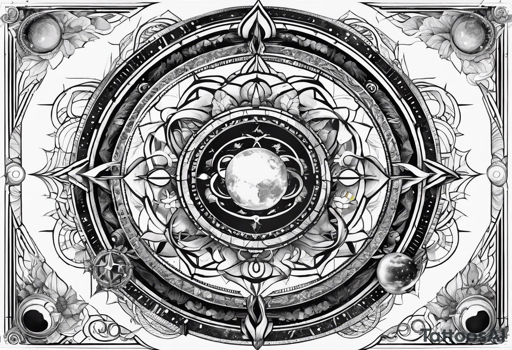 elements of nature and engineering in solar system with OM symbol in center tattoo idea