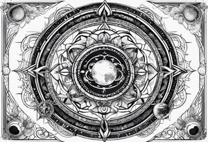 elements of nature and engineering in solar system with OM symbol in center tattoo idea