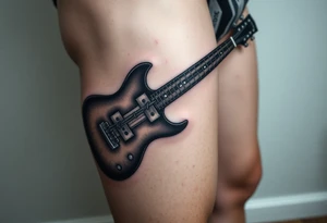 A guitar with barbed wire wrapping around its neck, in shades of dark grey and silver, symbolizing rebellion and strength tattoo idea