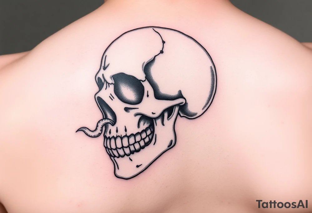 left side of a skull with fungus out of its eyes and mouth tattoo idea
