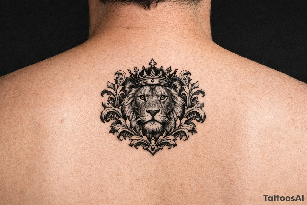 powerful majestic lion with a crown, framed by ornate floral scrollwork tattoo idea