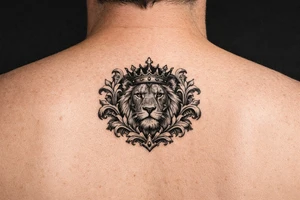 powerful majestic lion with a crown, framed by ornate floral scrollwork tattoo idea