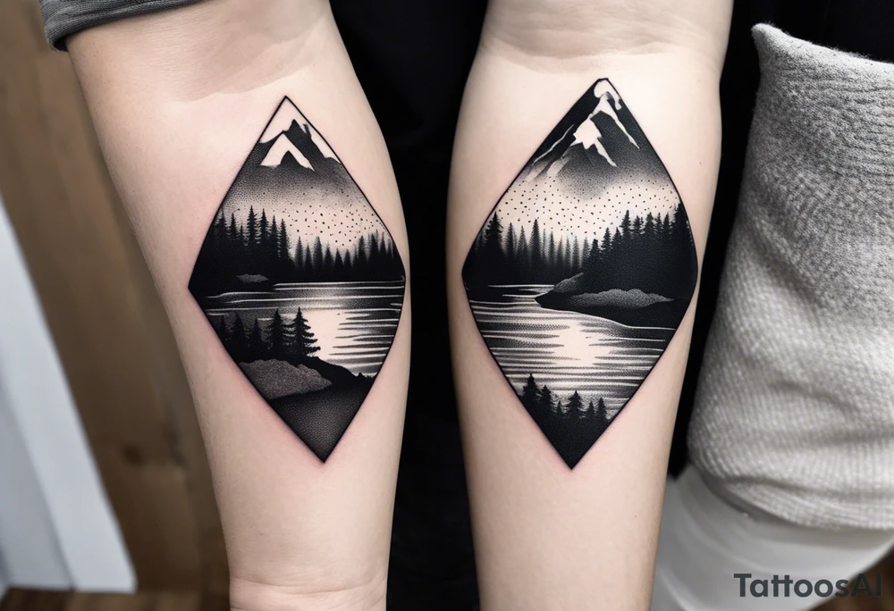 A snow capped mountain with pine trees and a river, the pine trees start to blend into palm trees, and the river becomes an ocean tattoo idea