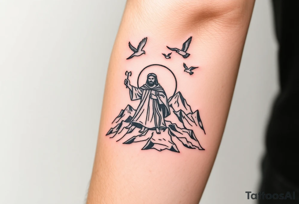 Moses holding the Ten Commandments with doves flying nearby on mountain Sinai tattoo idea