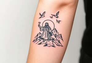 Moses holding the Ten Commandments with doves flying nearby on mountain Sinai tattoo idea