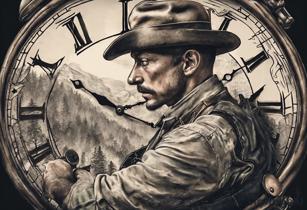 Le tattoo doit intégrer, un paysage montagneux et forêt, une horloge à 21h44.
Il faut aussi une pellicule de cinéma déroulée. Un vieux chapeau de l'armée italienne. avec une main de poker gagnante. Un jeu de carte de poker tattoo idea