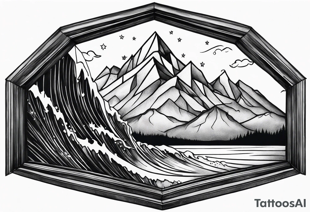 a diamond window with waves crashing on a mountain. 3 stars in the sky tattoo idea