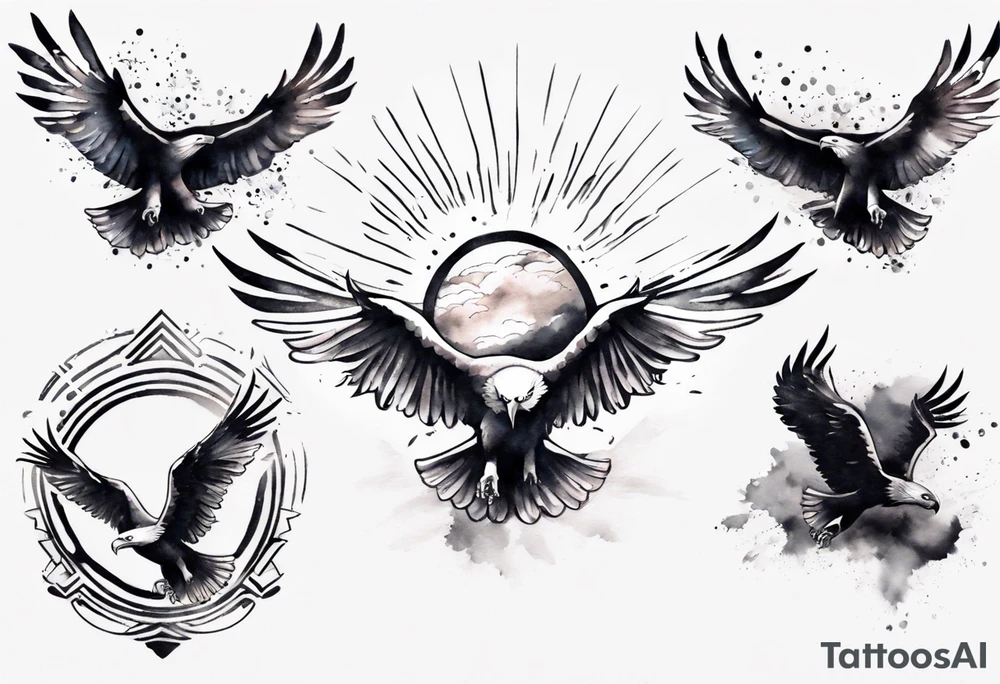 a shoulder tattoo with lots of rays of light in gradient starting from the middle
, clouds and eagles flying free tattoo idea