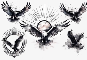 a shoulder tattoo with lots of rays of light in gradient starting from the middle
, clouds and eagles flying free tattoo idea