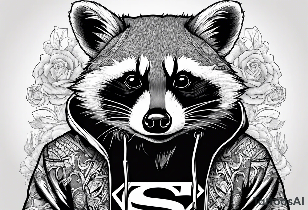 raccoon wearing a Superman hoodie tattoo idea
