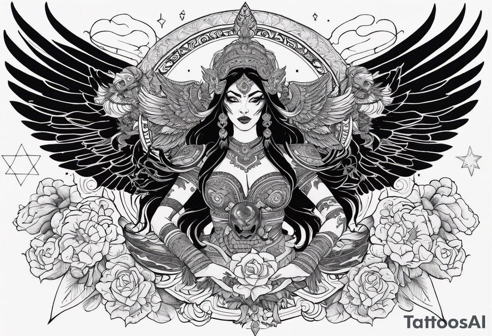 black kali, goddess pirate, alien, angel, pachamama, valkrye, warrior, flying, skull, lotus azul, wing, eagle, zenza resonance, stars, 5D, anahata chakra, death, durga, riding on a tiger, flying lady, chest tatoo tattoo idea