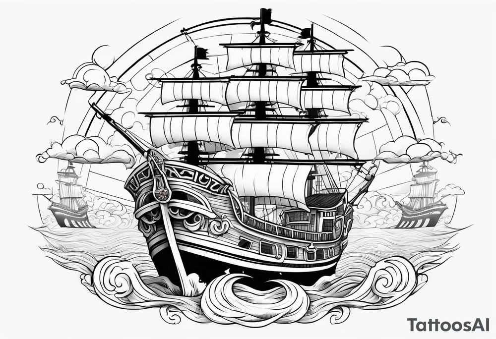 ONE PIECE SHIP THOUSAND SUNNY WITH STRAWHATS CREW tattoo idea