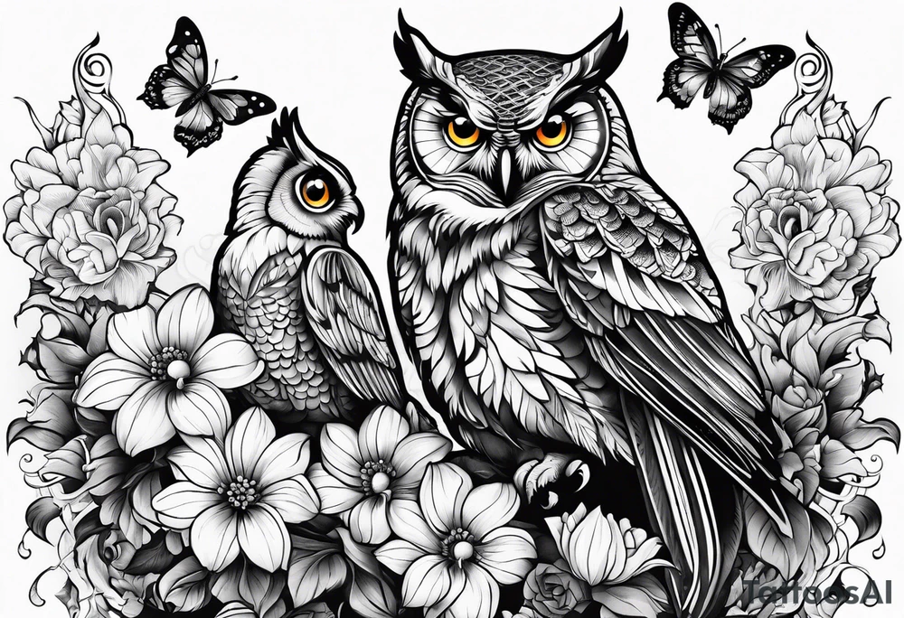 Flowers with butterflies and a owl tattoo idea