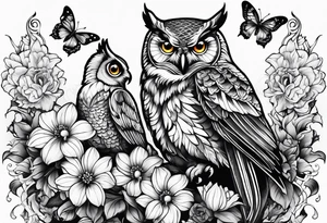 Flowers with butterflies and a owl tattoo idea