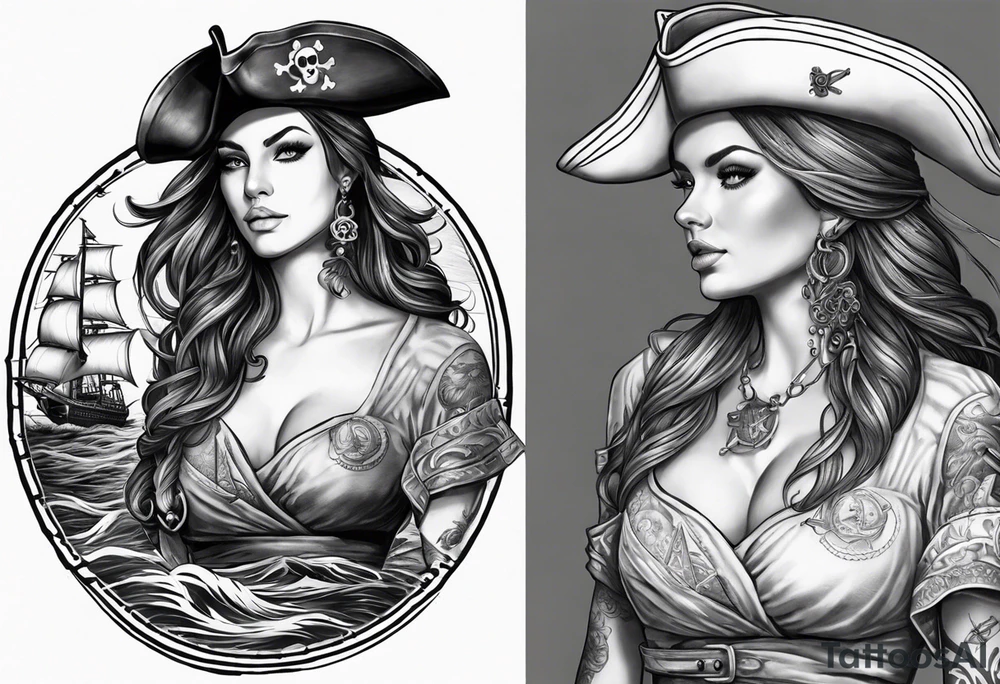 I have already a sleeve tattoo that the theme is about sea in my shoulder I have one pirate woman and I want you to create a tattoo on the chest that us connected with the woman key words is pirates ,sea ,captain tattoo idea