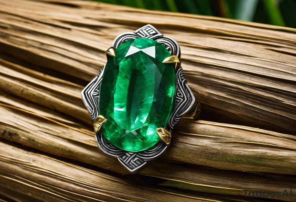 Tattoo: A striking Gachala emerald sits at the base of a tall quindio wax palm, which grows resiliently from cracks in rugged, rocky soil. The emerald is the main focal point, symbolizing strength and endurance, while the wax palm, rooted in the soil’s crevices, represents growth and resilience. A small water stream flows gently from the rocks, adding an element of life and nourishment tattoo idea
