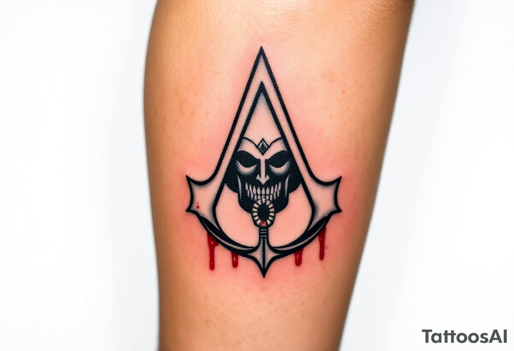 Assassins Creed emblem with gladiator helmet and sword inside and blood splashes incorporated into logo. tattoo idea