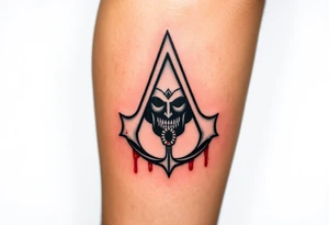 Assassins Creed emblem with gladiator helmet and sword inside and blood splashes incorporated into logo. tattoo idea